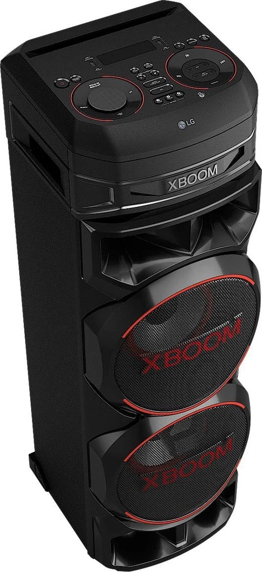 Schwarzer LG XBOOM Lautsprecher mit roten Akzenten und zwei Lautsprechergittern.