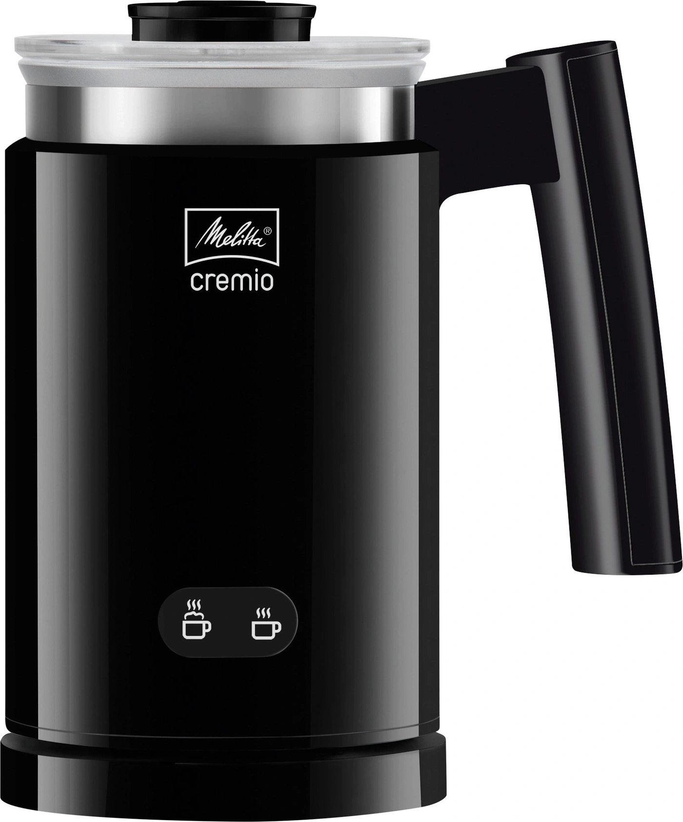 Schwarzer Melitta Cremio Milchaufschäumer mit Griff und Logo