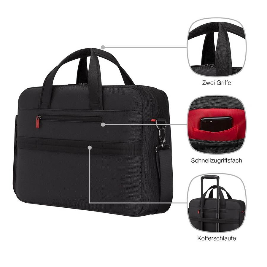 Schwarze Aktentasche mit zwei Griffen, Schnellzugriffsfach und Kofferschlaufe.