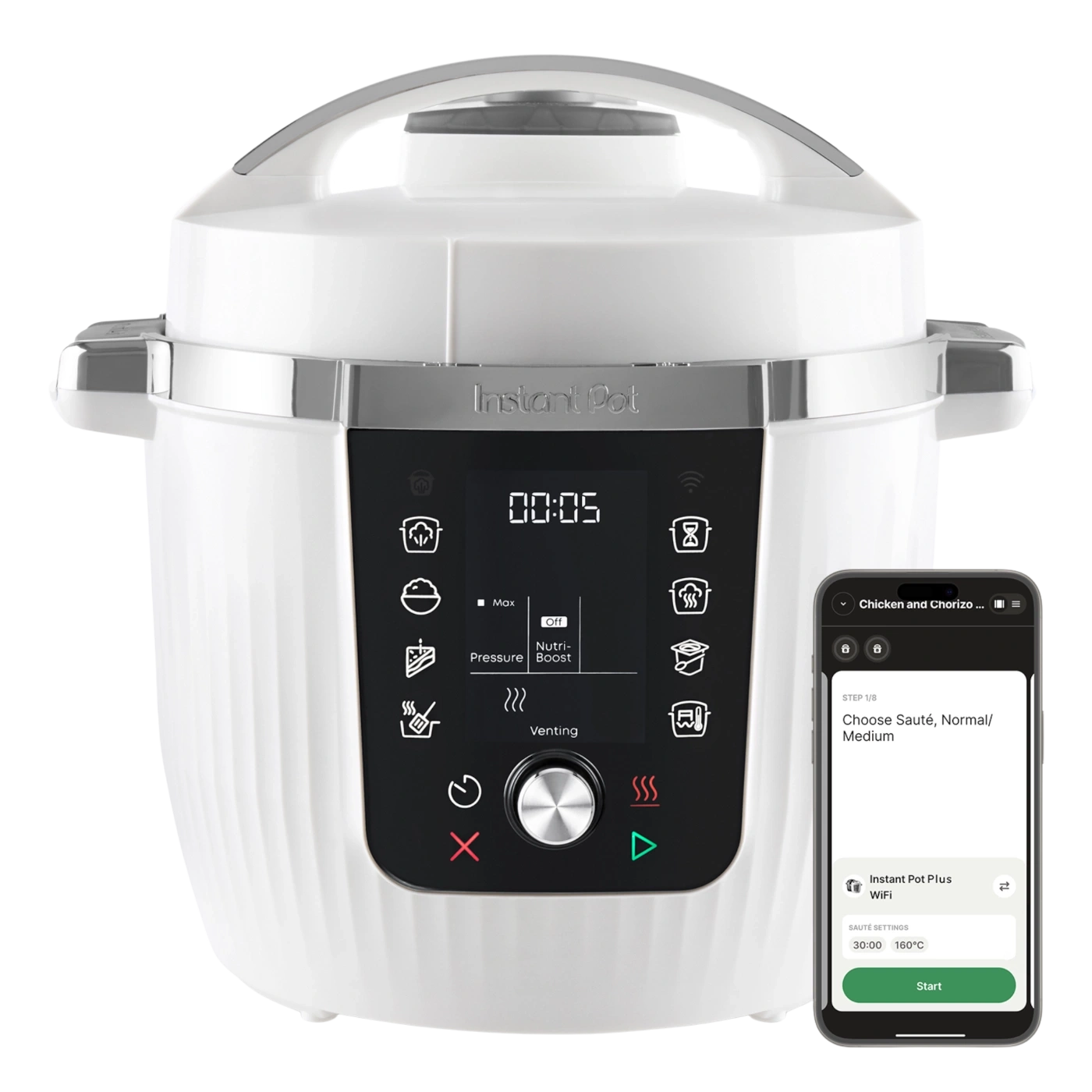 Ein weißer Instant Pot mit einem Smartphone daneben, das ein Rezept anzeigt.