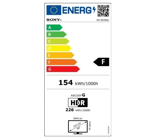 Energieeffizienz-Label für einen SONY KD-85X80L Fernseher mit Energieklasse F.
