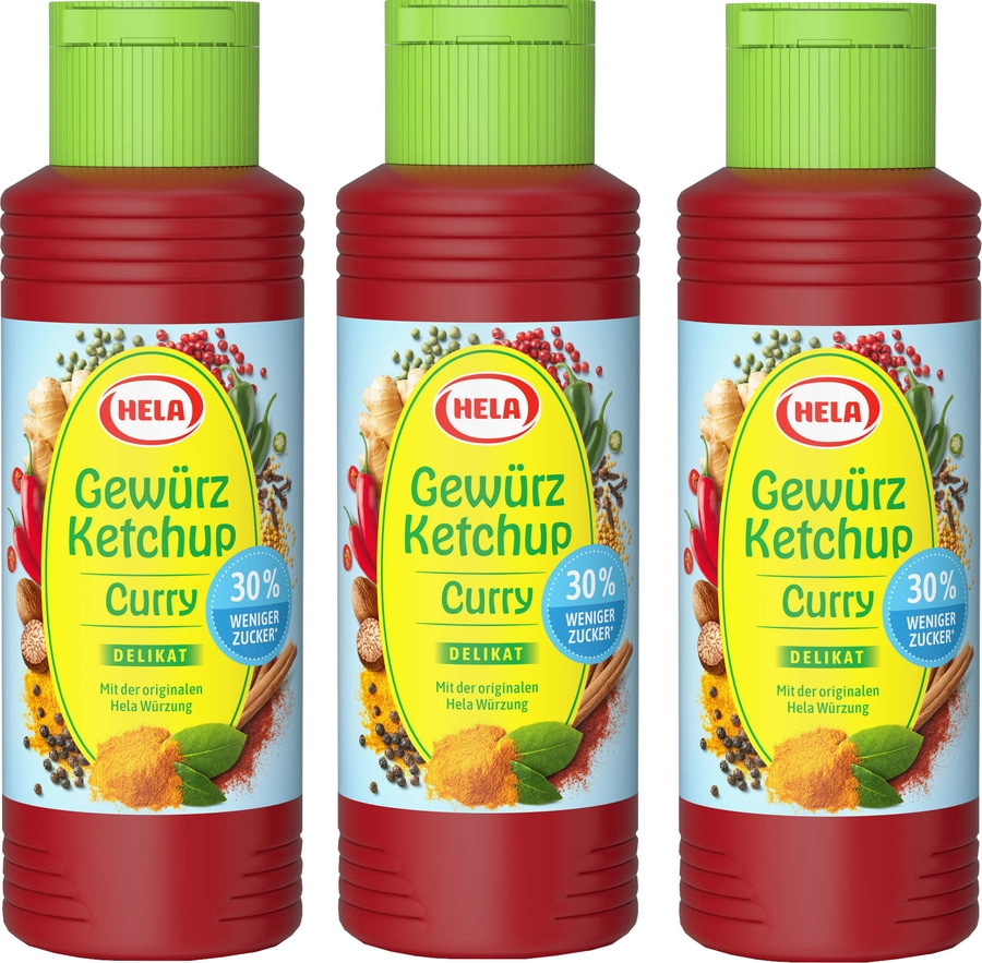 3 x Hela Ketchup Curry delikat 30% weniger Zucker Gewürzketchup 300 ml Flasche