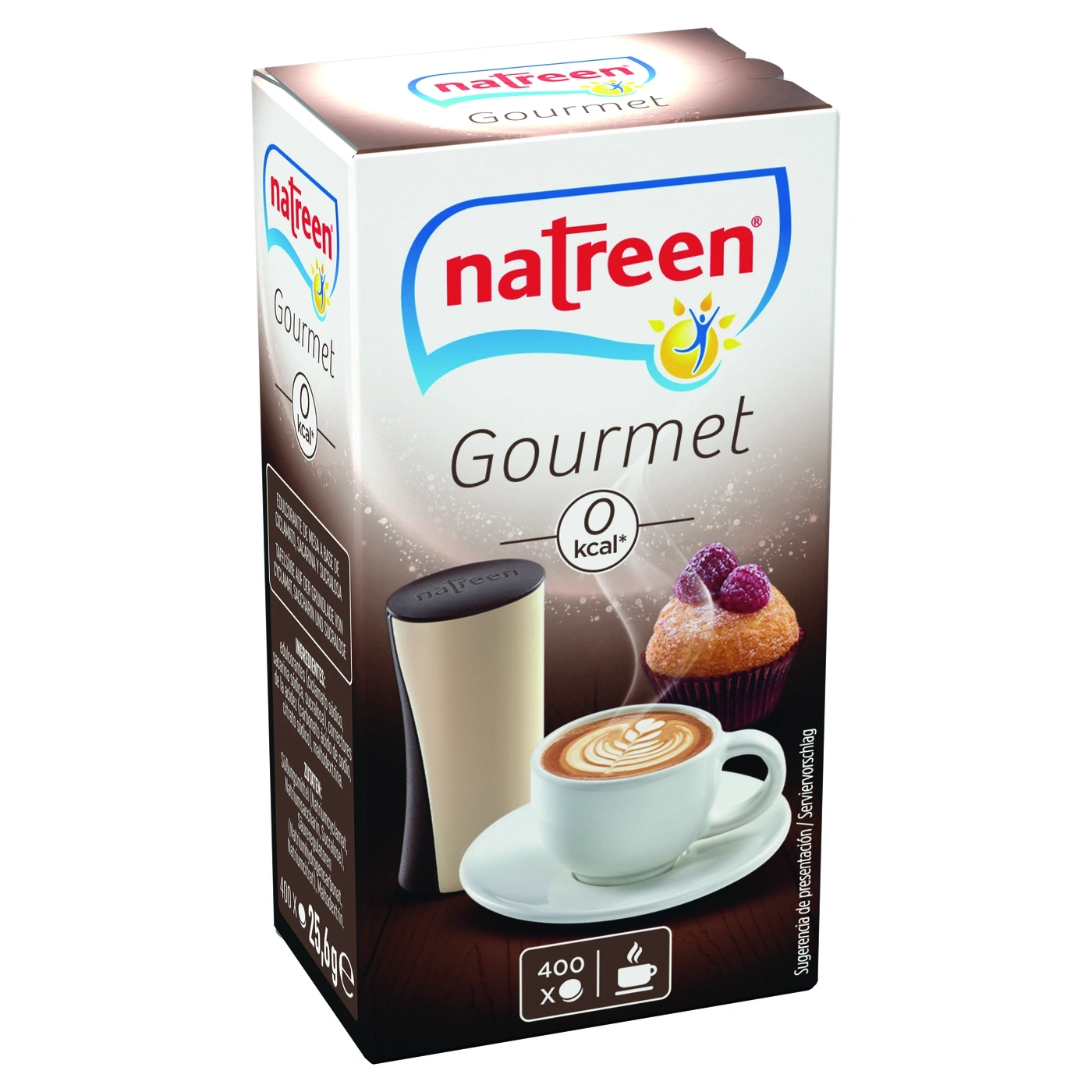 Natreen Gourmet 0 kcal, Kaffeepulver, Süßstoff, 400 Portionen, Serviervorschlag, Produktverpackung