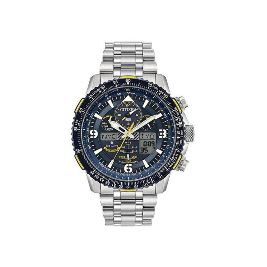 Citizen-Herrenuhr mit blauem Zifferblatt und silbernem Armband, Eco-Drive-Technologie.