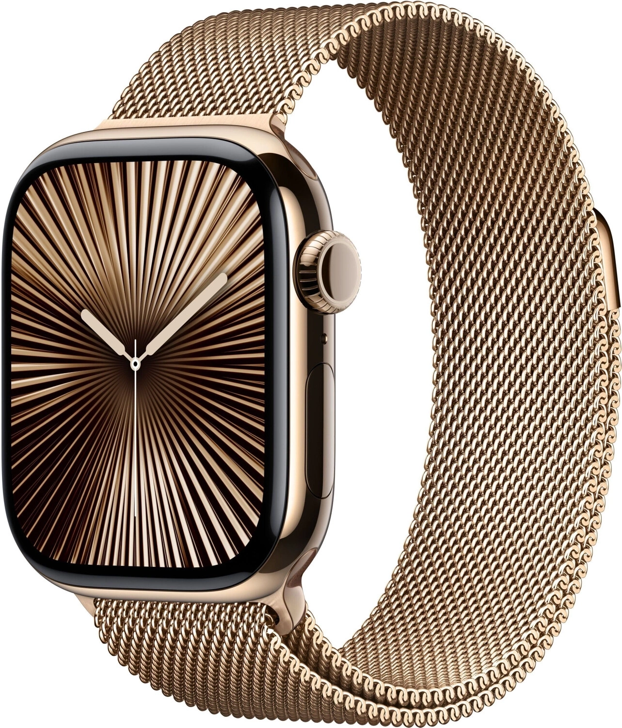 goldene Apple Watch mit Milanaise-Armband und radialem Zifferblatt