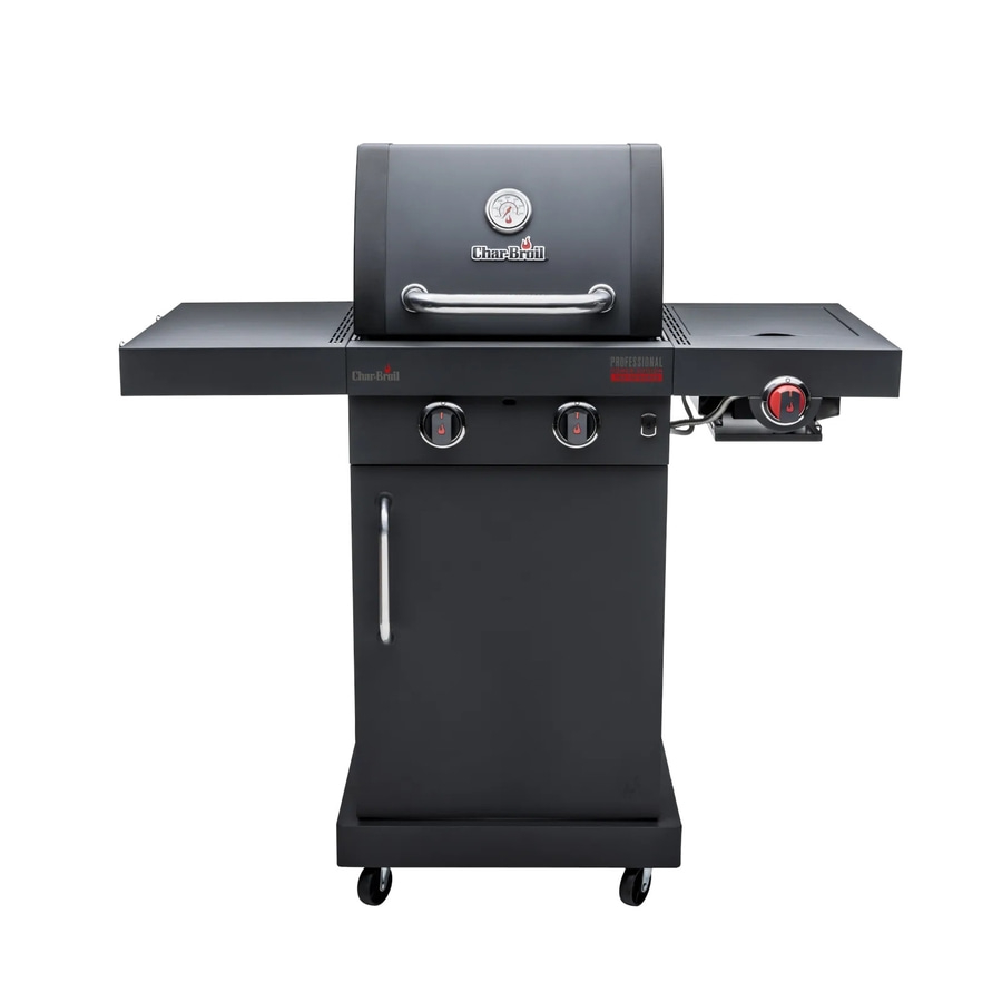 Schwarzer Gasgrill mit zwei Brennern, Thermometer und Rollen für den Außenbereich.