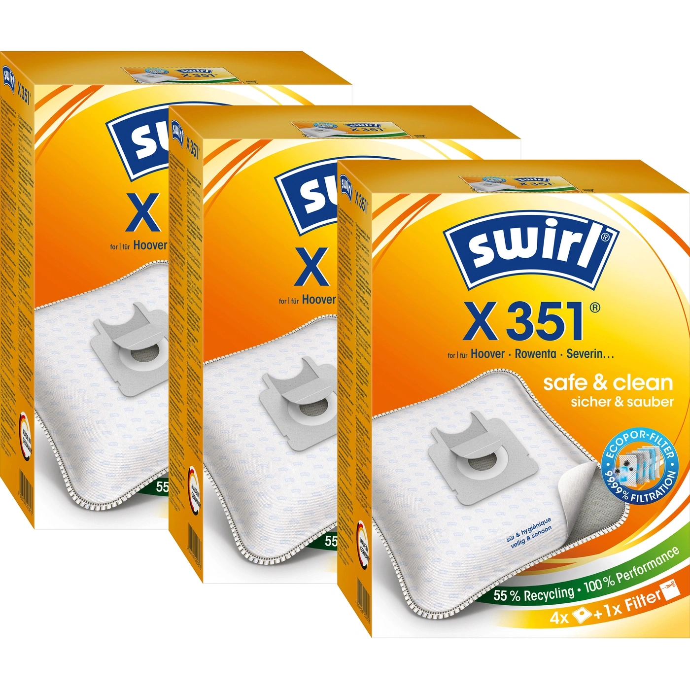Swirl X351 Staubsaugerbeutel für Hoover, Rowenta, Severin, sicher und sauber, 55% Recycling