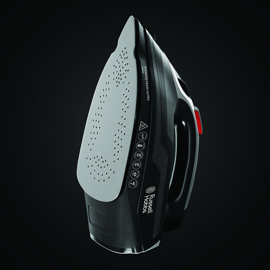 Schwarzes Bügeleisen mit grauer Bügelsohle, Russell Hobbs, Powersteam Ultra, 3100W
