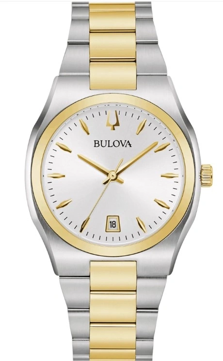 Bulova-Uhr, silbernes Gehäuse, goldenes Zifferblatt, Datumsanzeige, goldfarbenes Armband.