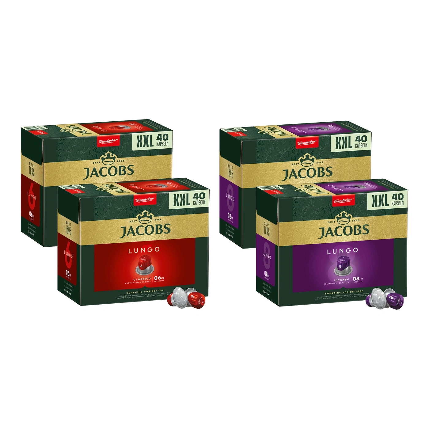 Jacobs Lungo Kaffeekapseln in verschiedenen Geschmacksrichtungen und Intensitäten, XXL-Packung mit 40 Kapseln.