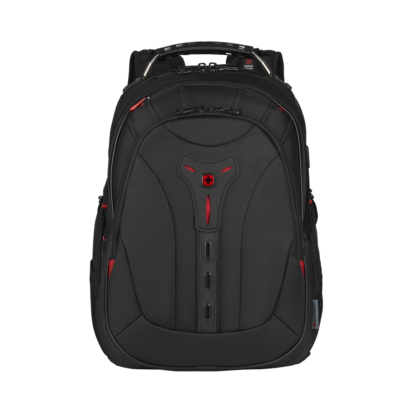 Schwarzer Rucksack mit rotem Akzent und Logo von Wenger.