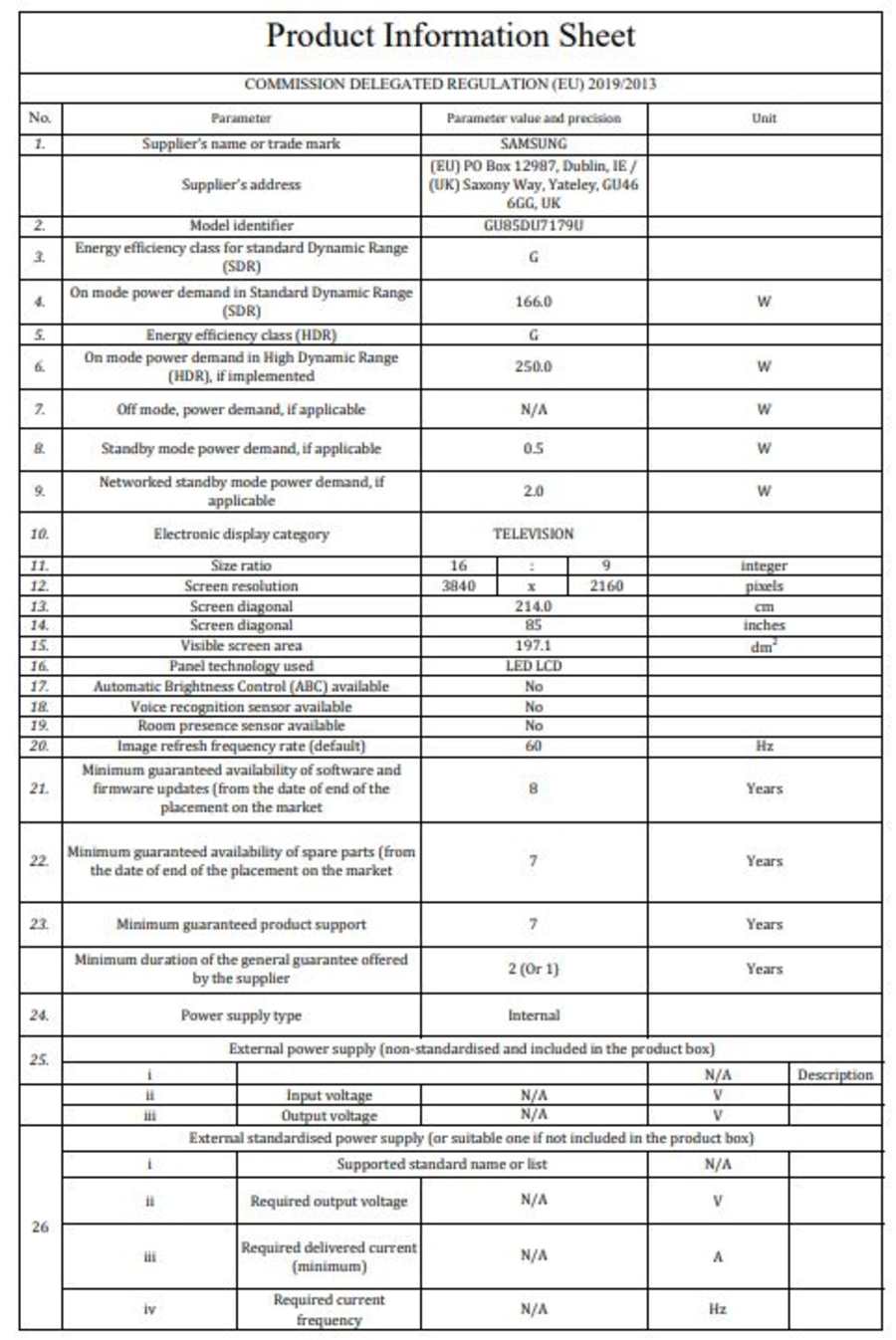 Produktinformationsblatt mit technischen Daten zu Energieeffizienz, Bildschirm und Stromversorgung.