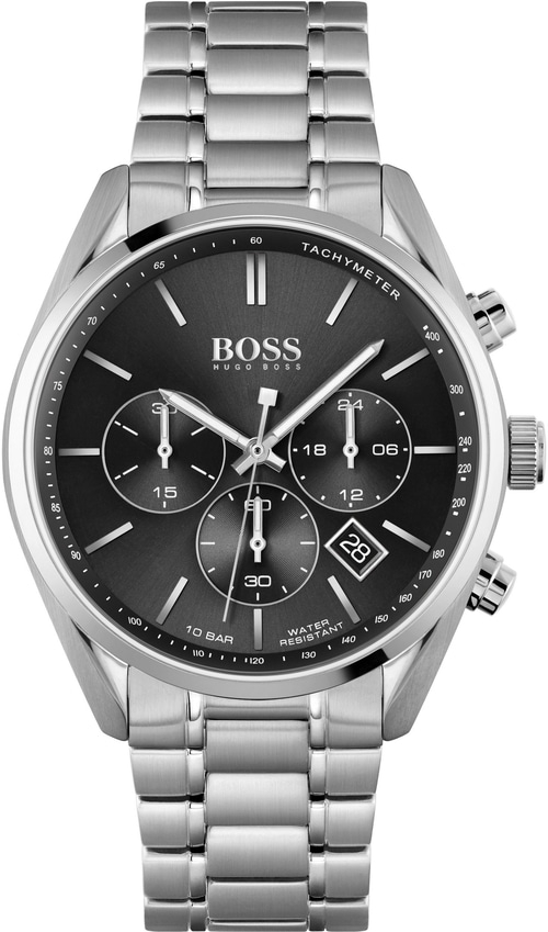 Schwarze BOSS-Uhr mit Tachymeter und Datumsanzeige, Edelstahlarmband, elegantes Design.