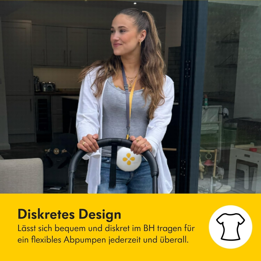 Frau mit Baby-Pumpe, diskretes Design, jederzeit und überall abpumpen.
