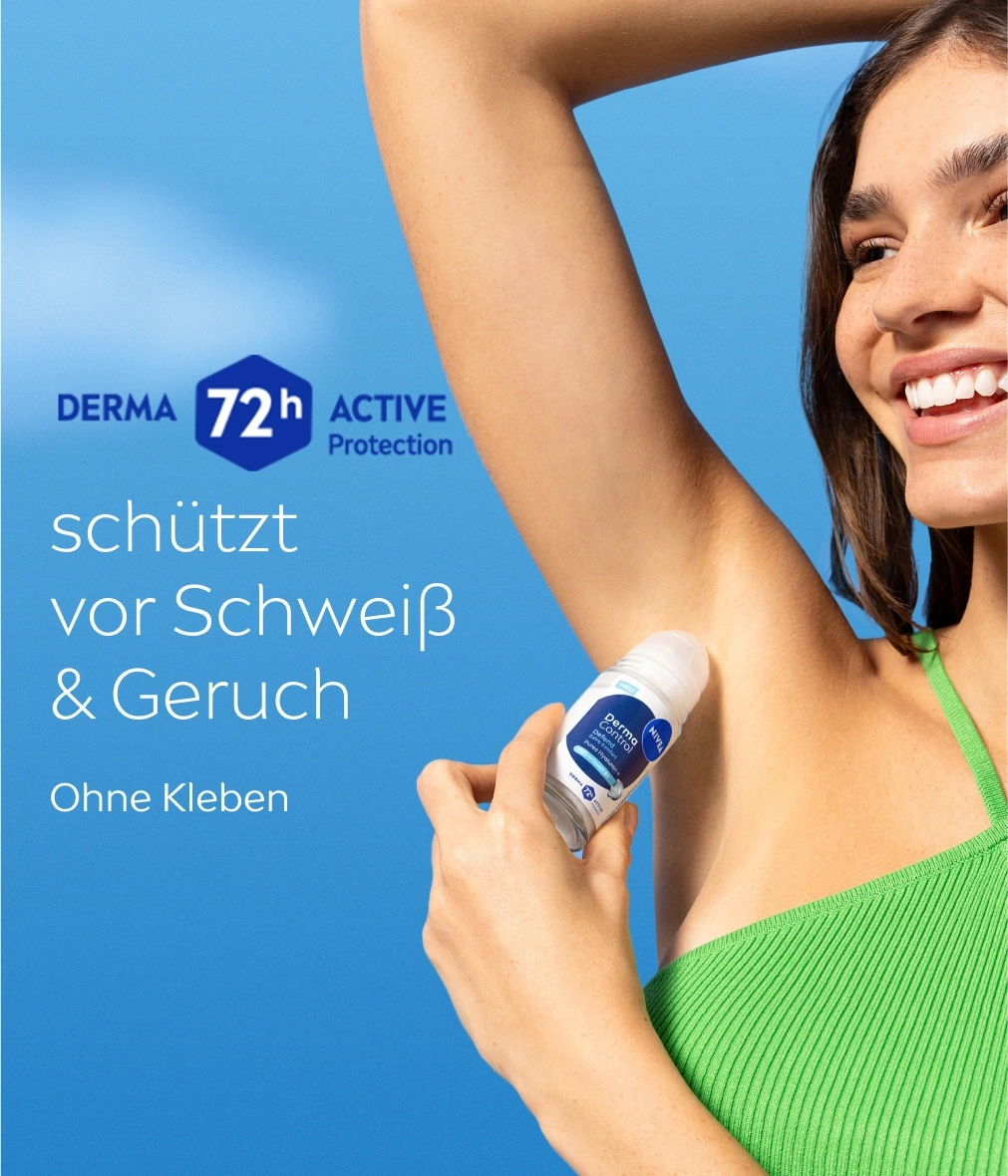 Frau mit Deo-Roller für 72h Schutz vor Schweiß und Geruch.