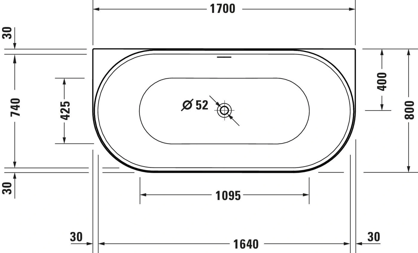Badewanne mit Maßen: 1700x800x740mm, Durchmesser 52mm, 1640x1095x425mm, 30mm