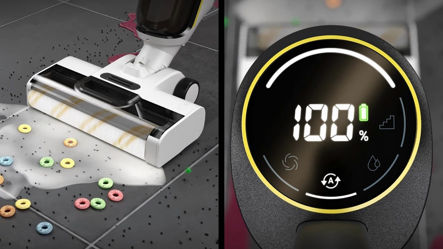 Staubsauger reinigt verschüttete Cerealien, Akkuanzeige zeigt 100% Ladung an.