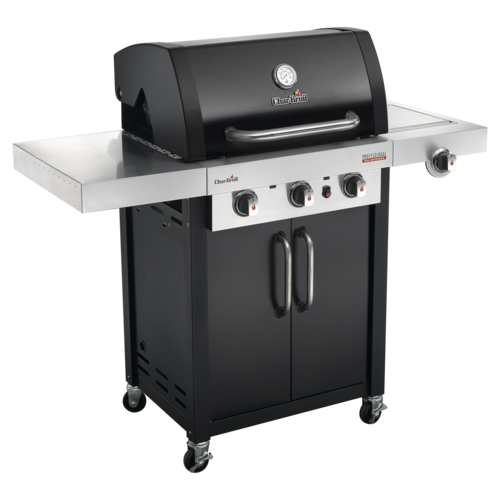 Schwarzer Gasgrill mit Thermometer, Knöpfen und Schrank. Char-Broil Professional.