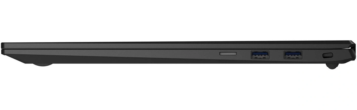 Seite eines schwarzen Laptops mit USB-Anschlüssen und einem SD-Kartenleser