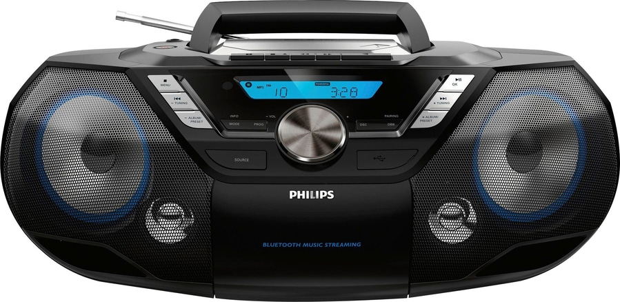 Schwarzes Philips-Radio mit Bluetooth-Musik-Streaming, Lautsprechern und Bedienfeld.
