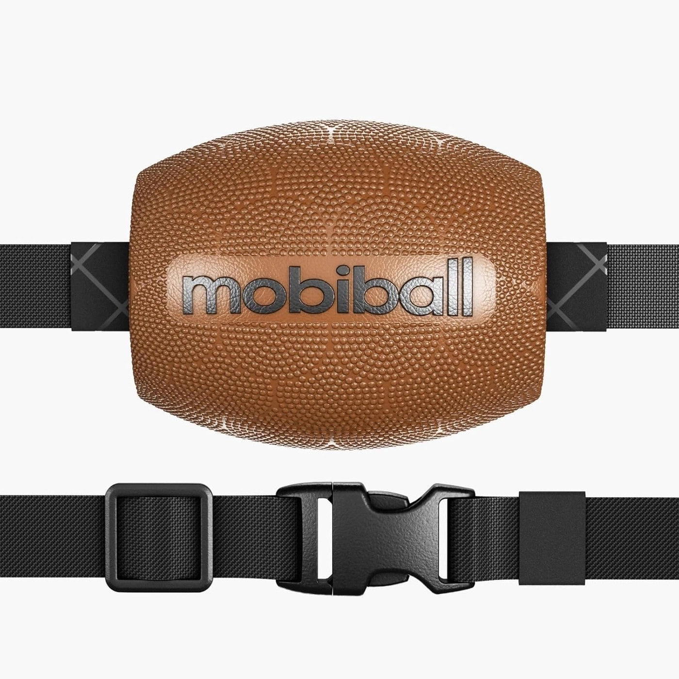 Ein brauner Football mit "mobiball"-Aufschrift und schwarzem Gurt.