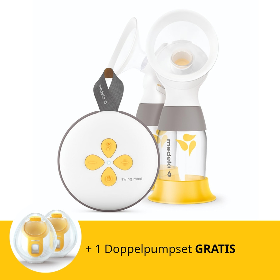 Medela Swing Maxi Doppelpumpenset mit Gratis-Zubehör. Gelb und Weiß.