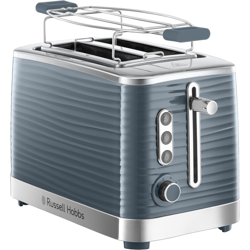Blauer Toaster mit Wellenmuster, Hebevorrichtung und Einstellrad für Bräunungsstufen.