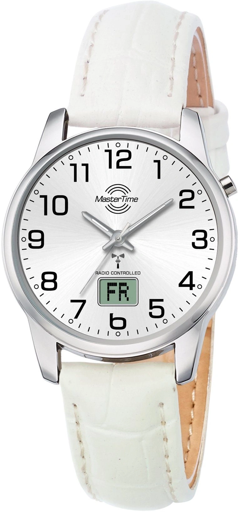 Herrenuhr mit weißem Lederarmband, silbernem Gehäuse und digitaler Anzeige.