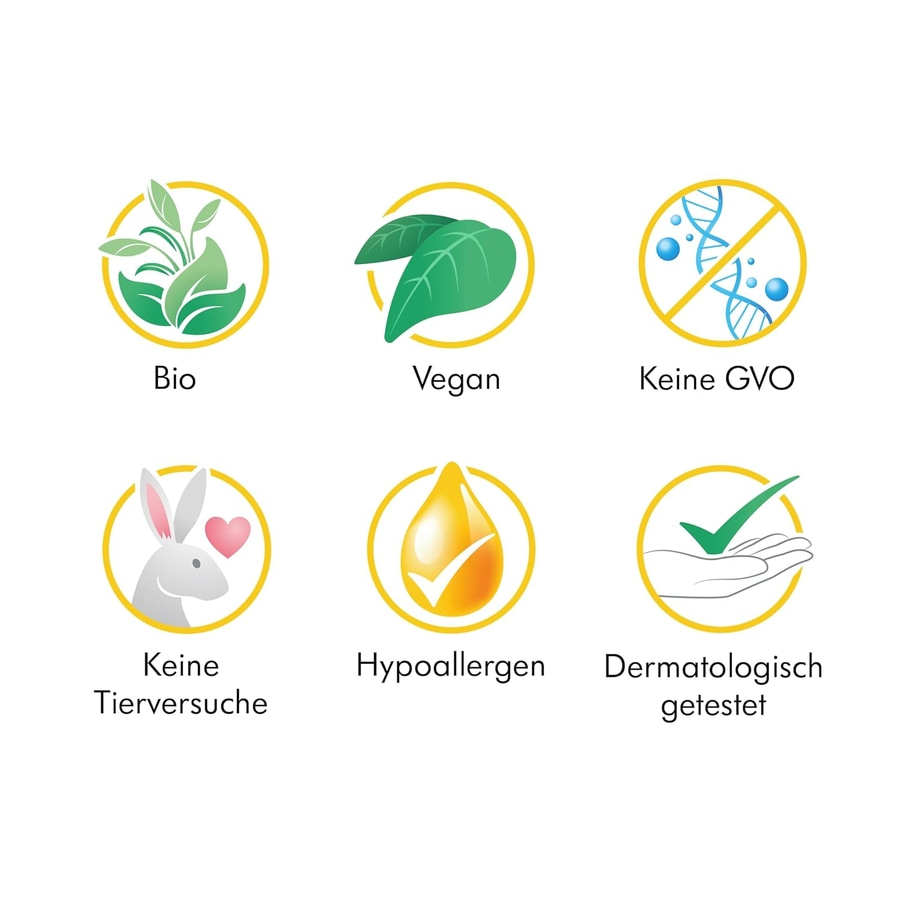 Bio, Vegan, Keine GVO, Keine Tierversuche, Hypoallergen, Dermatologisch getestet