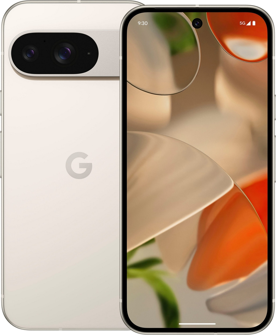 Google Pixel 7 Pro Smartphone, cremefarben, mit zwei Kameras und einem Bildschirm mit Blumenmuster.