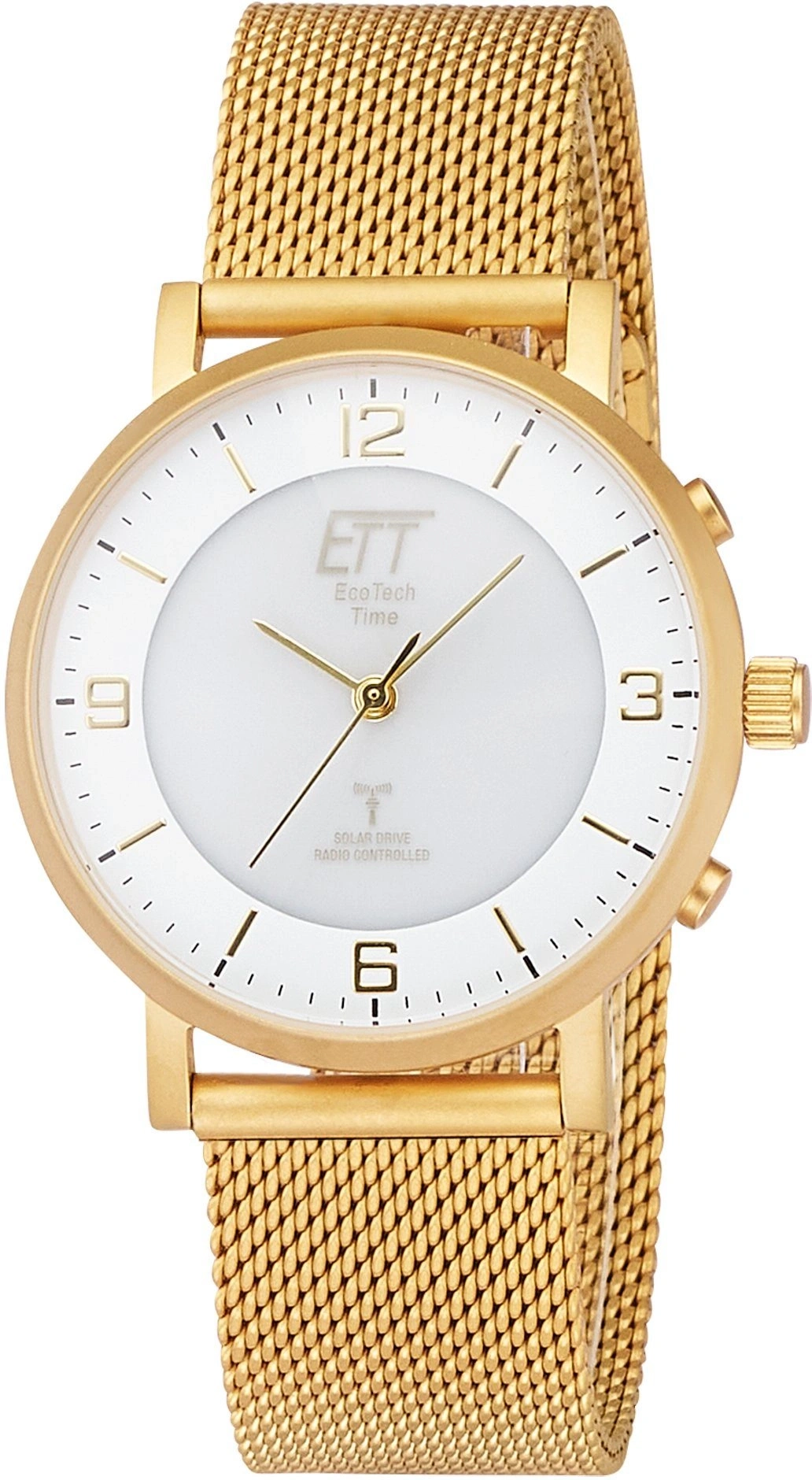 Goldene Uhr mit weißem Zifferblatt und Mesh-Armband.