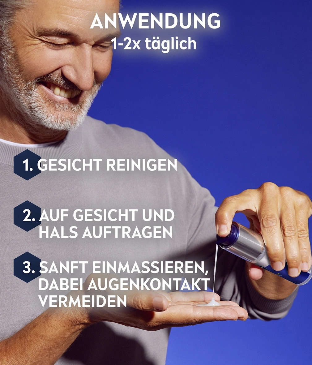 Anwendungshinweise für ein Gesichtspflegeprodukt: Reinigen, auftragen, einmassieren.