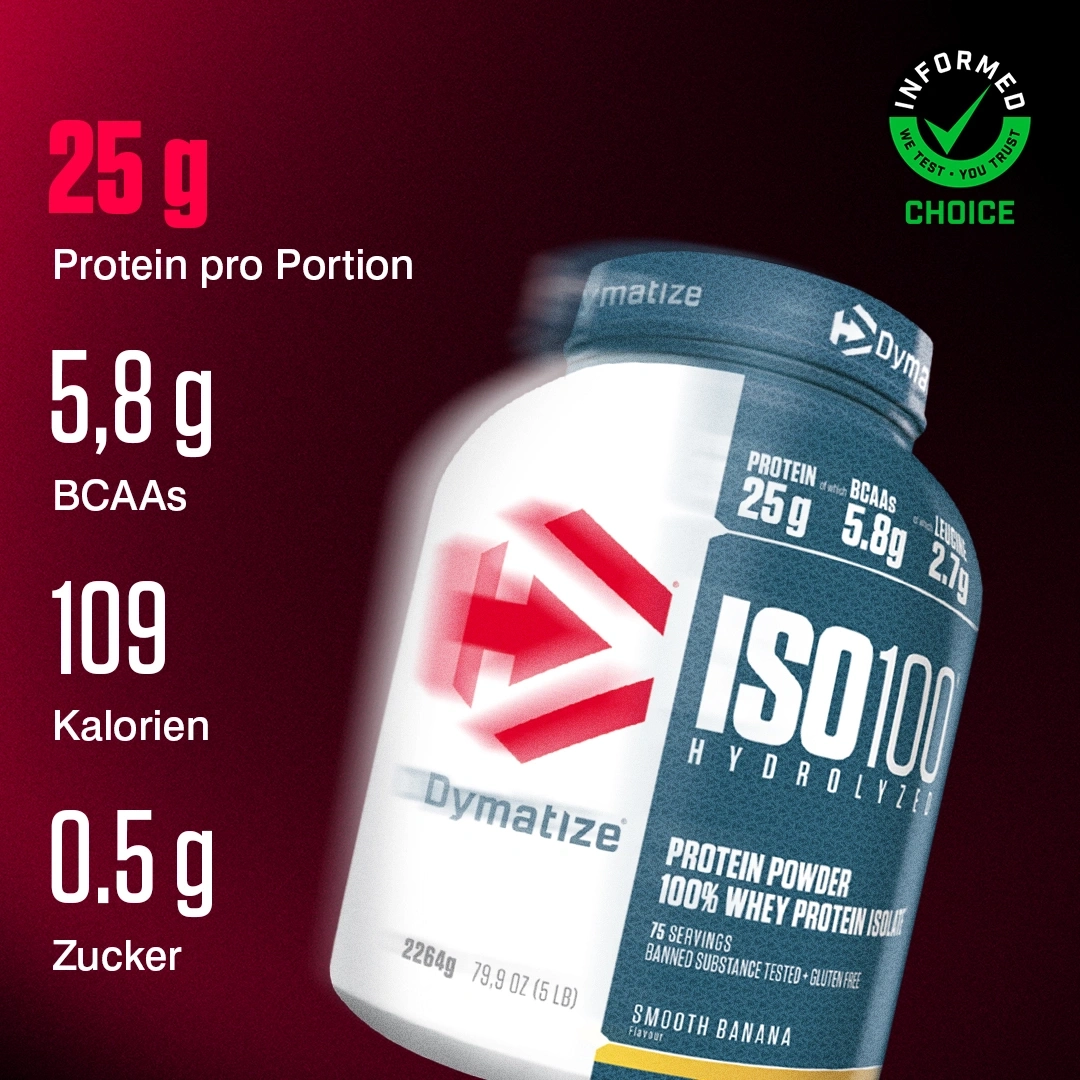Dymatize ISO 100 Proteinpulver mit 25g Protein pro Portion, 5,8g BCAAs, 109 Kalorien und 0,5g Zucker.