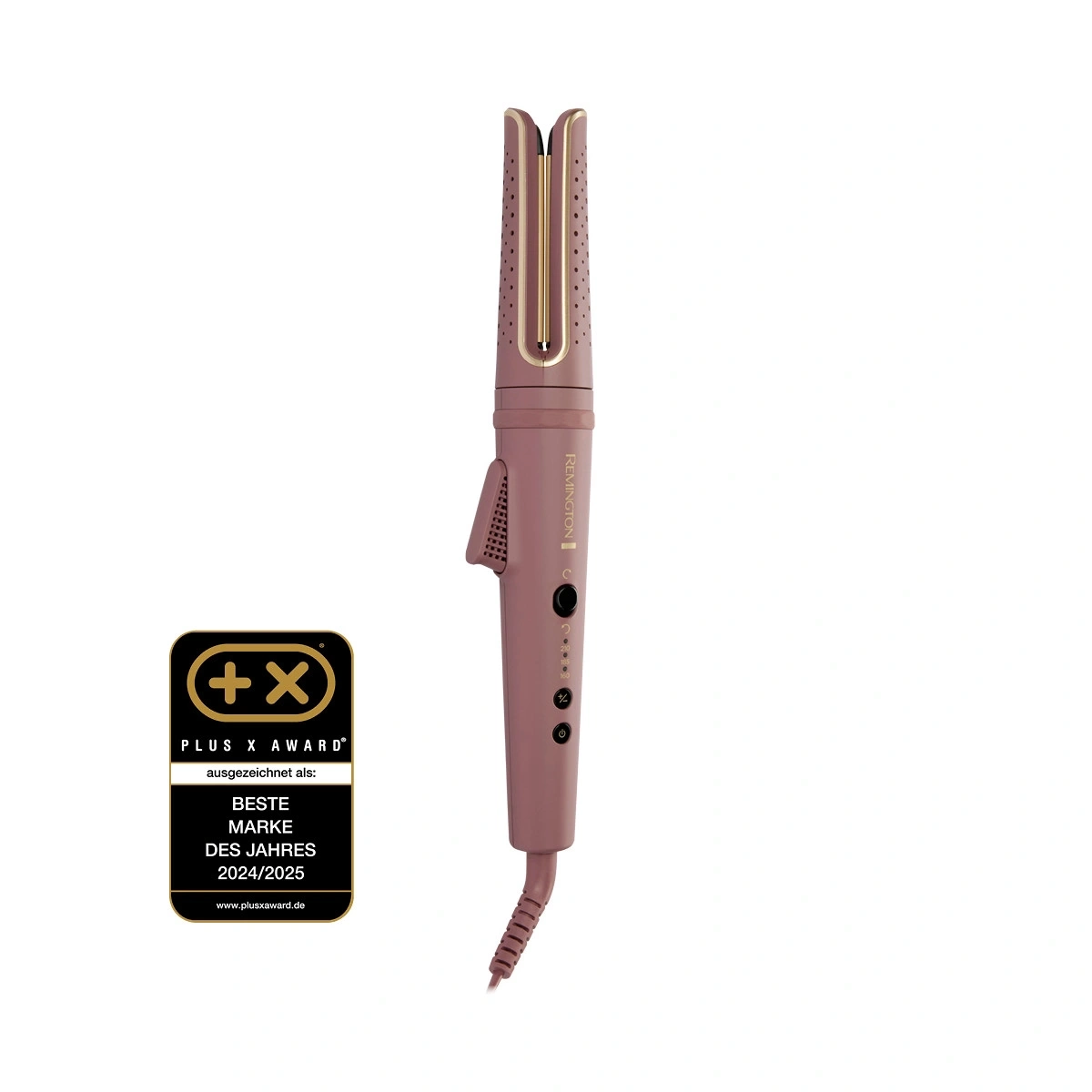 Ein rosafarbener Remington Lockenstab mit einem Plus X Award Siegel.
