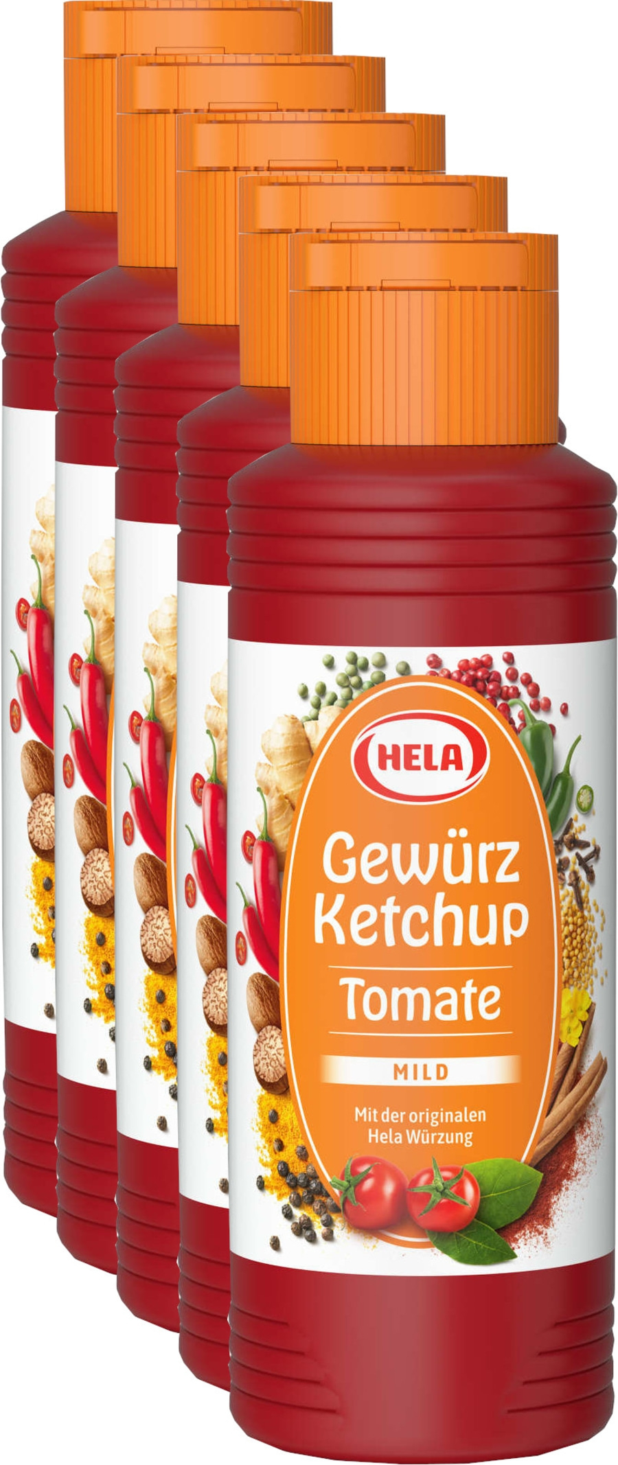5 x Hela Ketchup Tomate mild Gewürzketchup 300 ml Flasche Ketchupflasche
