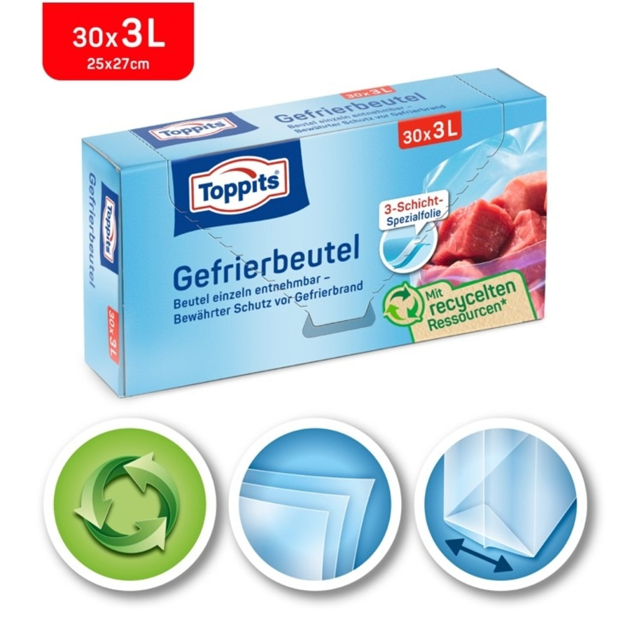 Gefrierbeutel von Toppits, 30x3L, 25x27cm, mit recycelten Ressourcen, 3-Schicht-Spezialfolie.