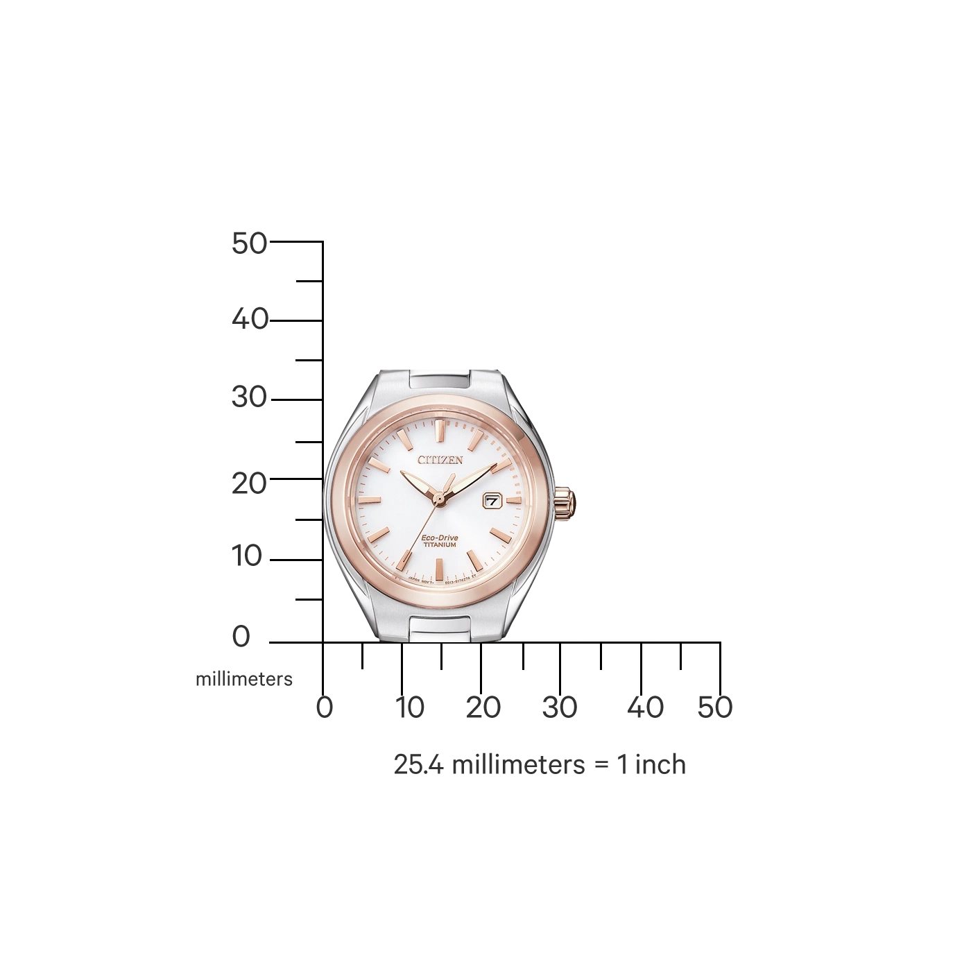 Citizen-Uhr mit weißem Zifferblatt und roségoldfarbenen Akzenten, Millimeterskala.