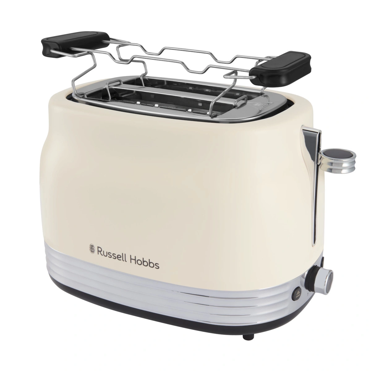 Ein cremefarbener Toaster von Russell Hobbs mit Brötchenaufsatz und Chromdetails.