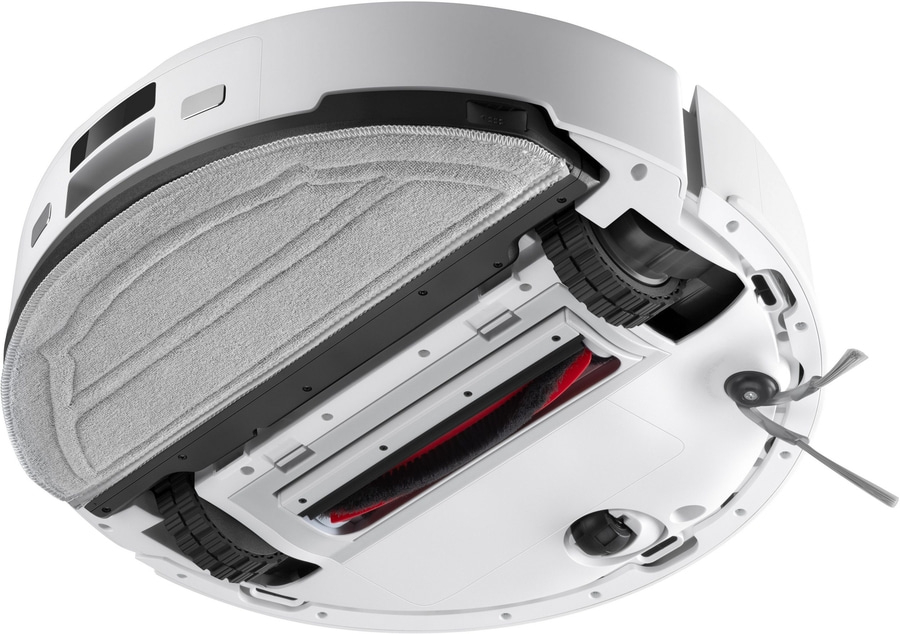 Unterseite eines weißen Saugroboters mit Bürste und Wischmopp.