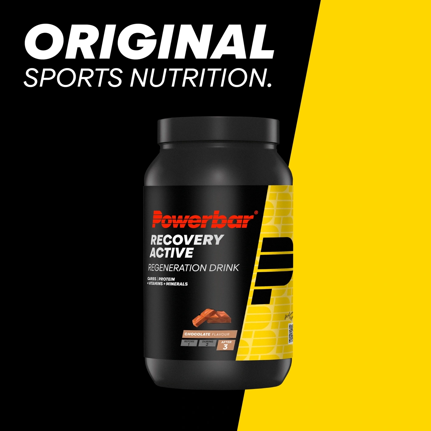 Powerbar Recovery Active Regeneration Drink mit Schokoladengeschmack im Sporternährungsdesign.