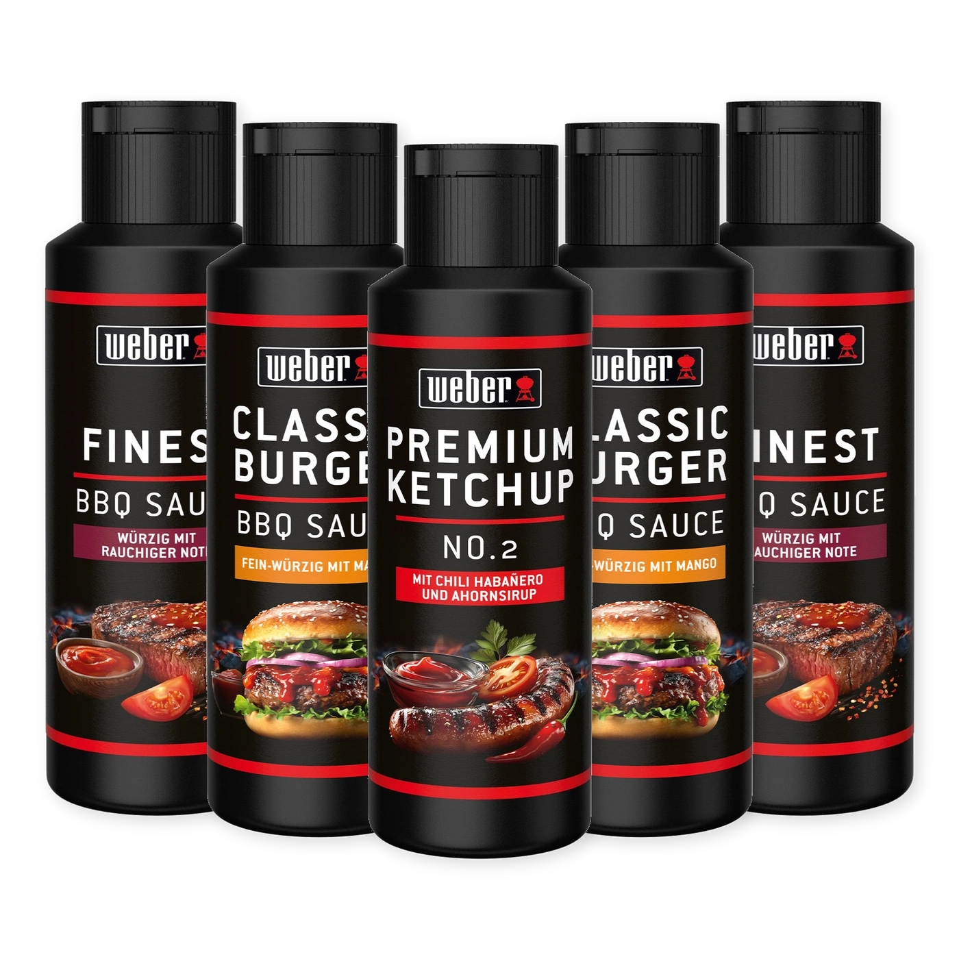 Fünf Weber Grillsaucen in schwarzer Flasche mit Bildern von Burgern, Steaks und Würsten.