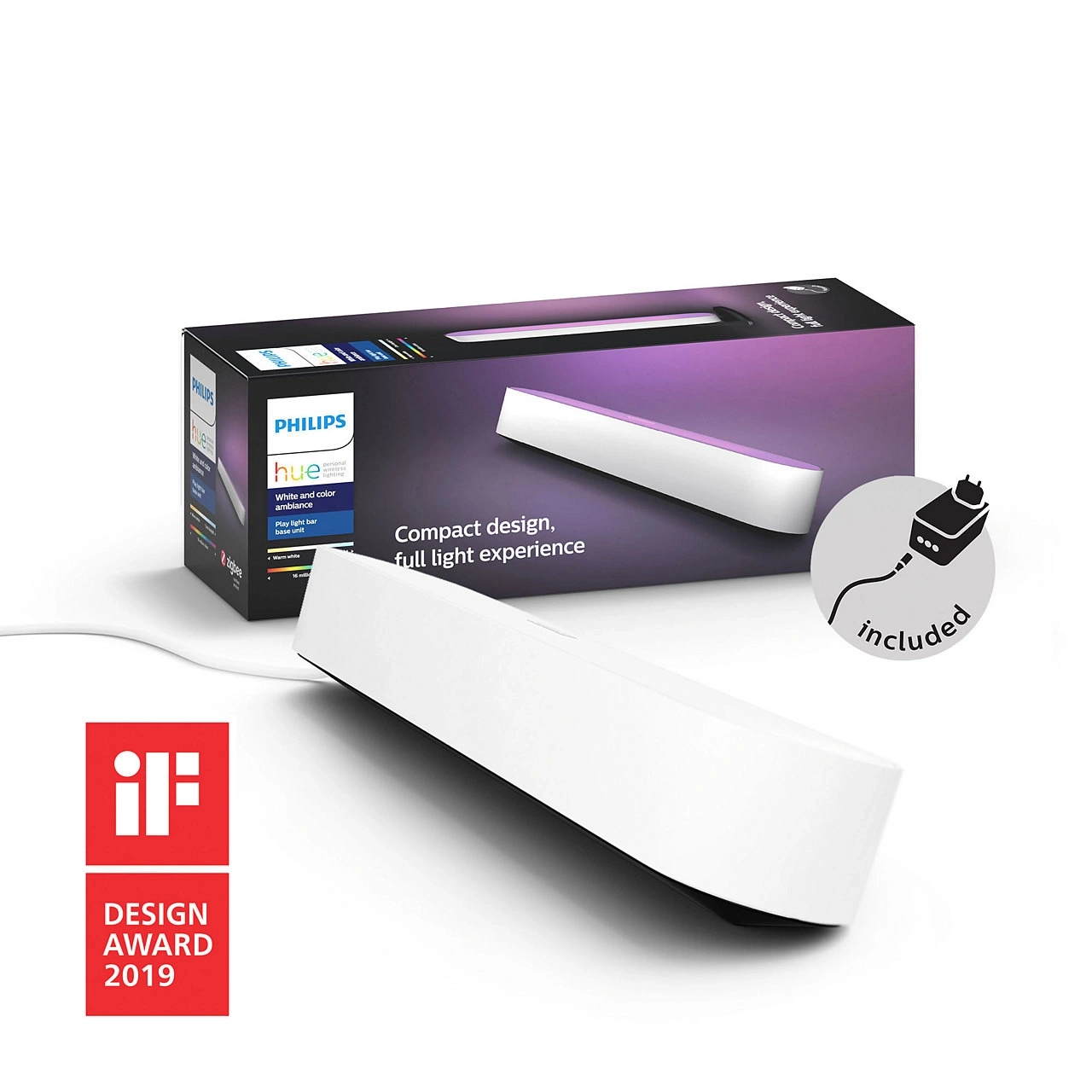 Ein Philips Hue Play Light Bar mit Netzteil, verpackt und ausgepackt, Auszeichnung für Produktdesign