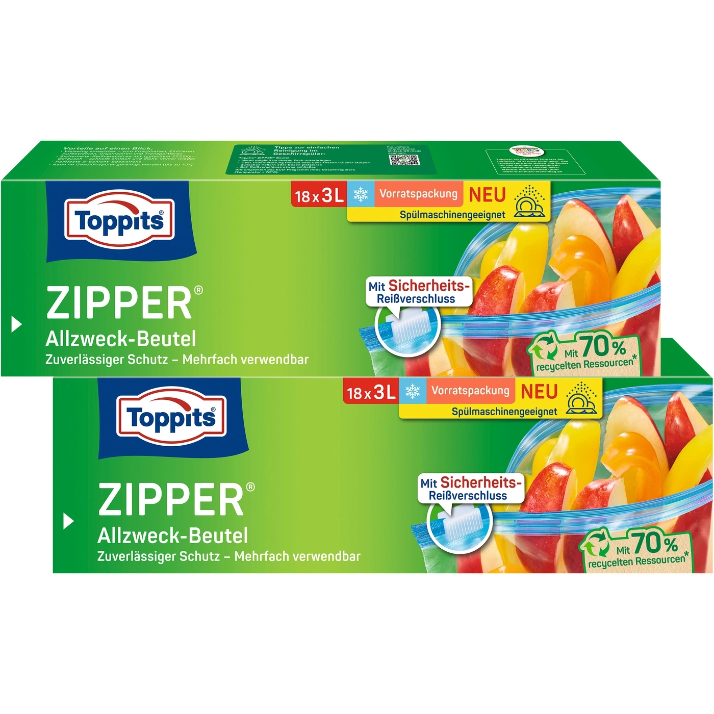 Toppits ZIPPER Allzweck-Beutel, 18x3L, Vorratspackung, spülmaschinengeeignet, mit Sicherheits-Reißverschluss, 70% recycelte Ressourcen