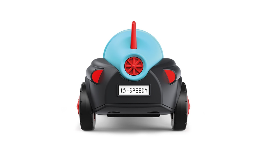 Rückansicht eines schwarzen Spielzeugautos mit hellblauem Dach und roter Dekoration.