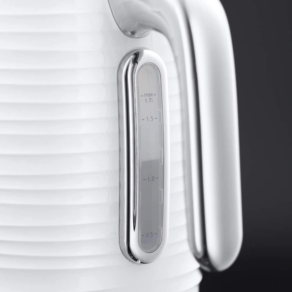 Wasserkocher mit Füllstandsanzeige, Griff und weißer Oberfläche. Wasserstand bei 1.0 Liter.