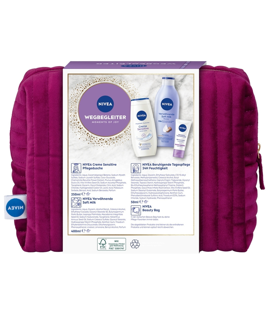 NIVEA Wegbegleiter Geschenkset Pflegedusche Soft Milk Tagespflege Kulturtasche