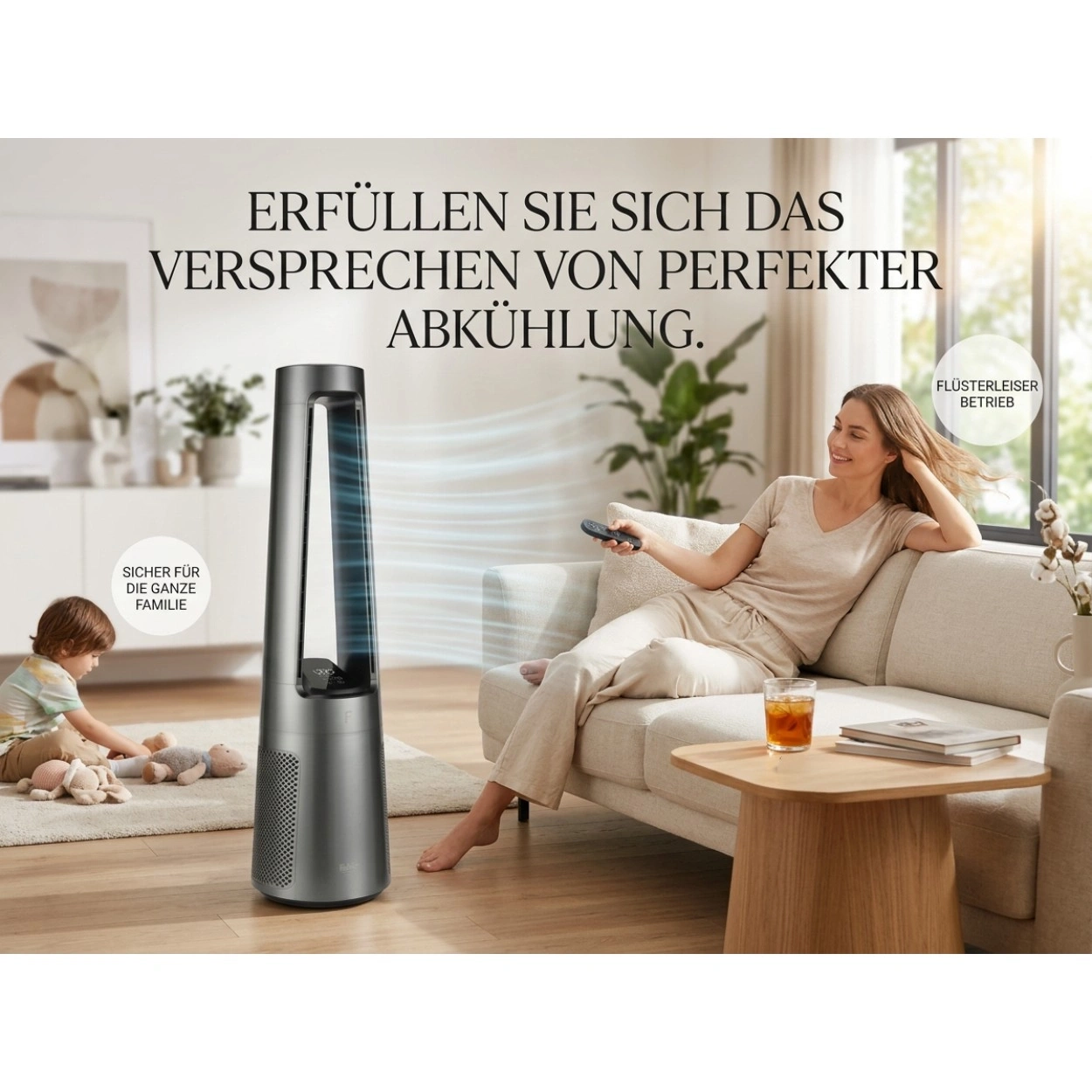 Moderne Turmventilator-Werbung mit Familie und Klimaanlage
