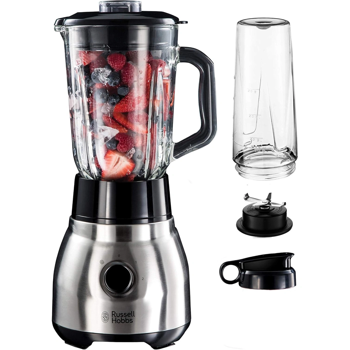 Ein Russell Hobbs Mixer mit Früchten und Zubehörteilen.