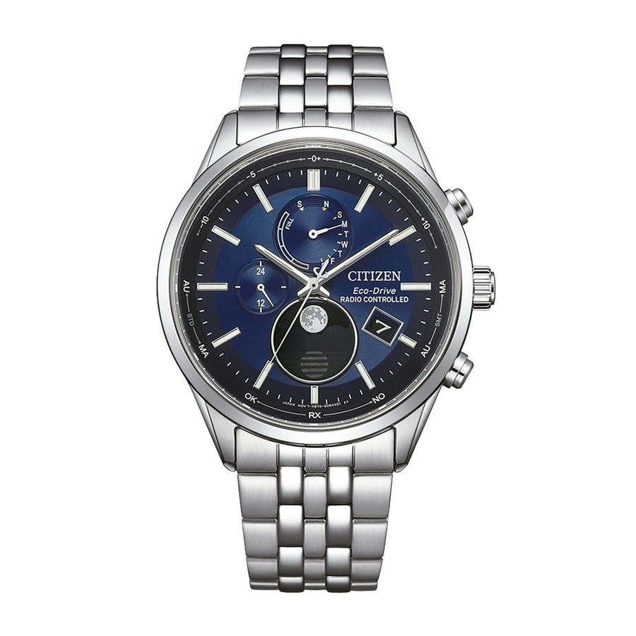Herren-Armbanduhr von Citizen mit blauem Zifferblatt und silbernem Armband.