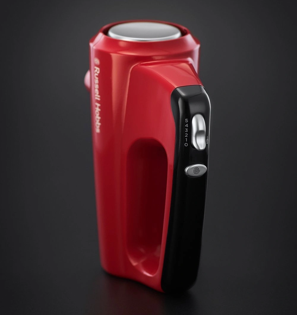 Roter Handmixer von Russell Hobbs, Nahaufnahme, schwarzer Hintergrund, Geschwindigkeitseinstellungen